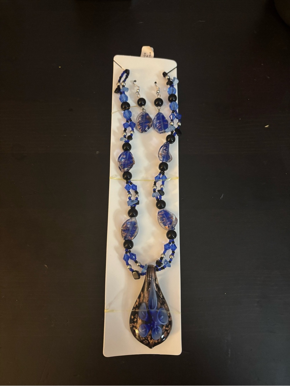 Blue Glass Pendant Necklace and Earring Set - Women Jewelry